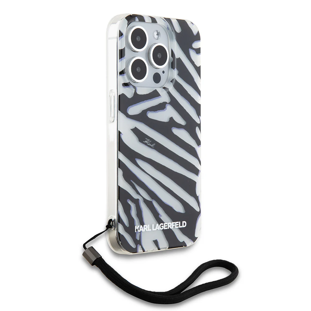 Case for Apple iPhone 15 Pro, Karl Lagerfeld, IML Luxury Zebra Pattern with Strap, Black - Image 5