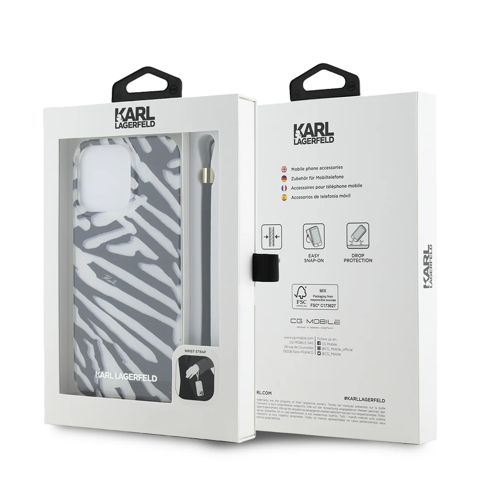 Case for Apple iPhone 15 Pro, Karl Lagerfeld, IML Luxury Zebra Pattern with Strap, Black - Image 7