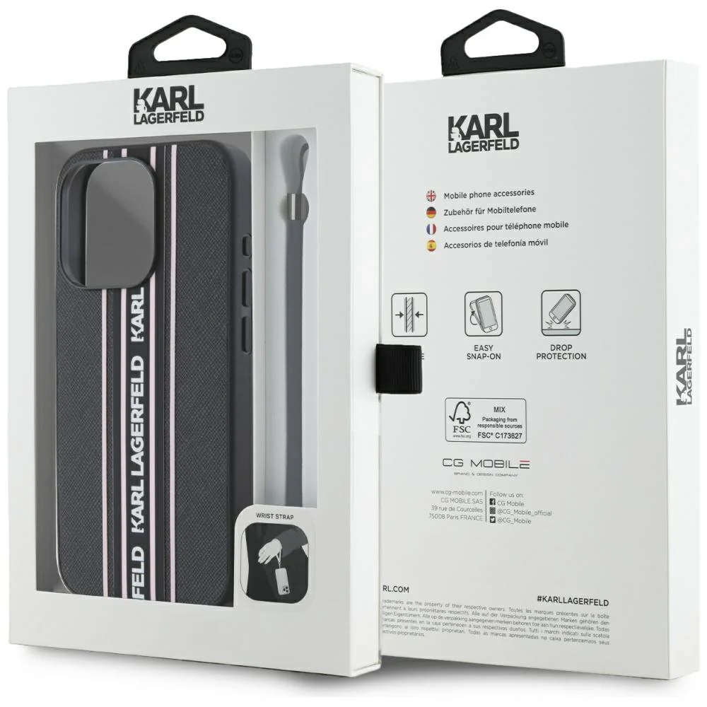 Case for Apple iPhone 15 Pro, Karl Lagerfeld, Saffiano Athleisure Stripes with Strap, Pink - Image 7