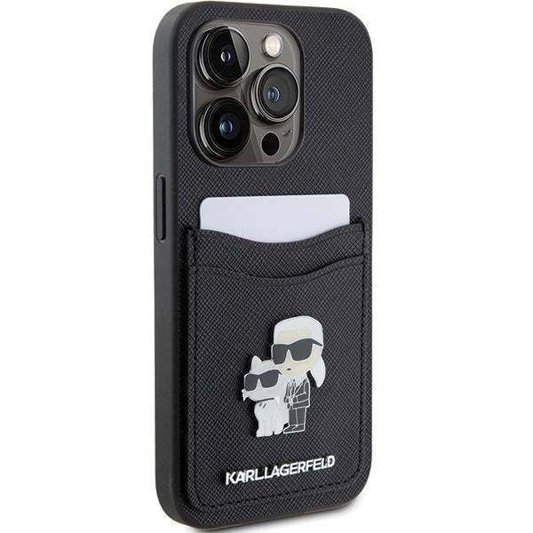 Case for Apple iPhone 15 Pro, Karl Lagerfeld, Saffiano Card Slot Metal Karl & Choupette, Black - Image 2