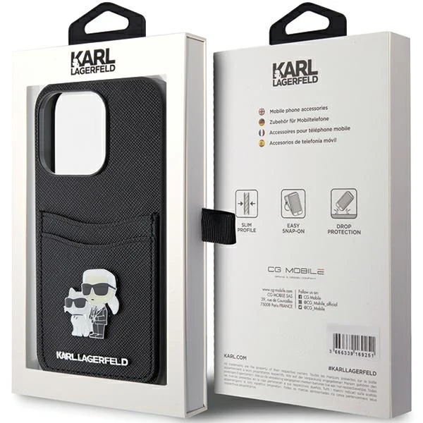 Case for Apple iPhone 15 Pro, Karl Lagerfeld, Saffiano Card Slot Metal Karl & Choupette, Black - Image 8