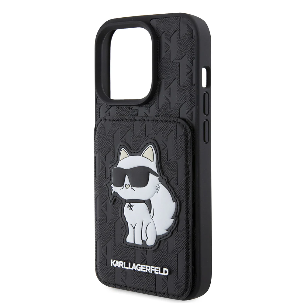 Case for Apple iPhone 15 Pro, Karl Lagerfeld, Saffiano Cardslots and Stand Monogram Choupette, Black - Image 2