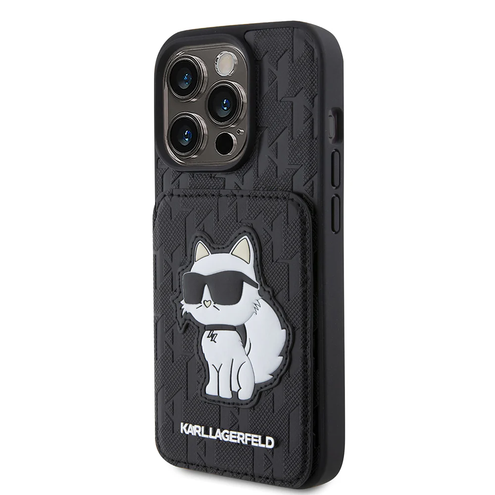 Case for Apple iPhone 15 Pro, Karl Lagerfeld, Saffiano Cardslots and Stand Monogram Choupette, Black - Image 6