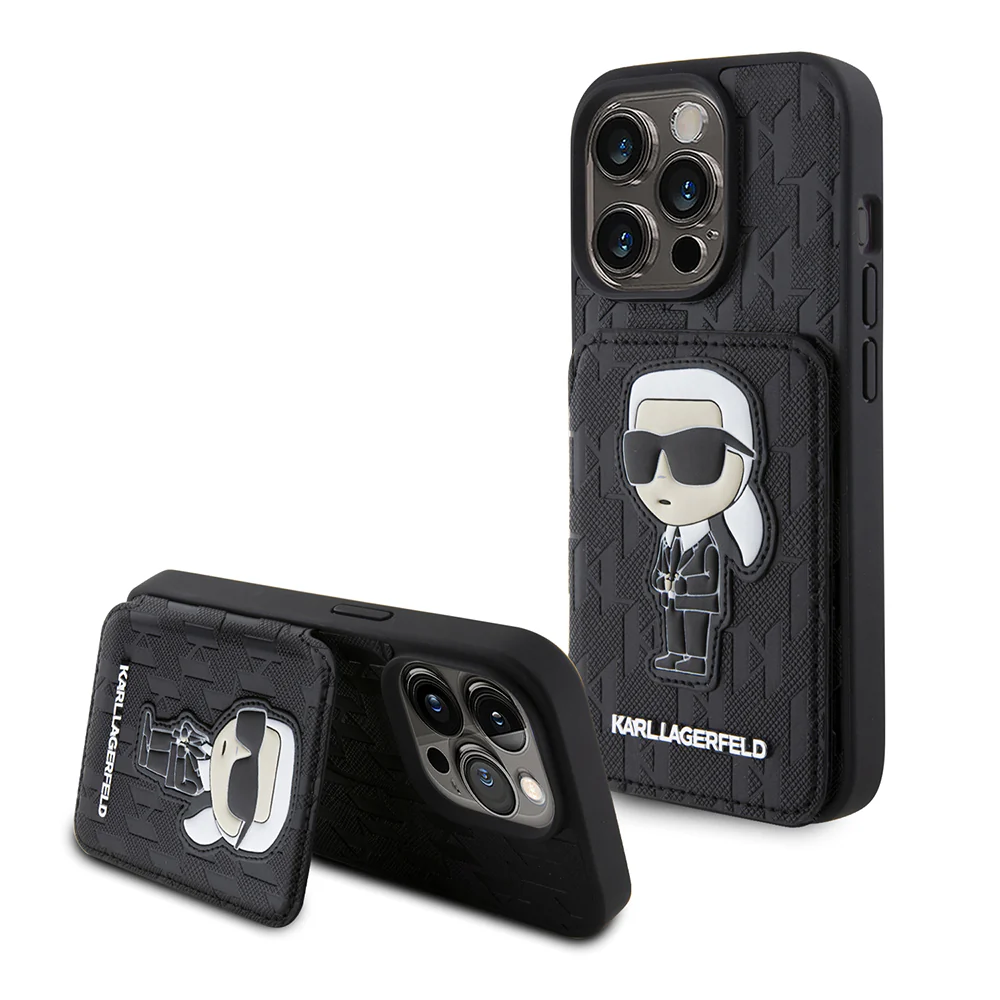 Case for Apple iPhone 15 Pro, Karl Lagerfeld, Saffiano Cardslots and Stand Monogram Ikonik Karl, Black