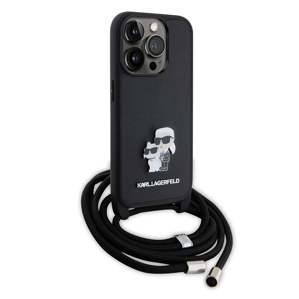 Case for Apple iPhone 15 Pro, Karl Lagerfeld, Saffiano Crossbody Metal Pin Karl & Choupette, Black - Image 6
