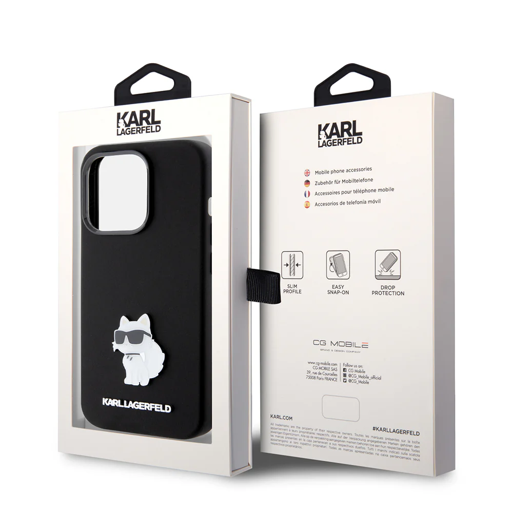 Case for Apple iPhone 15 Pro, Karl Lagerfeld, Silicone Choupette Metal, Black - Image 7