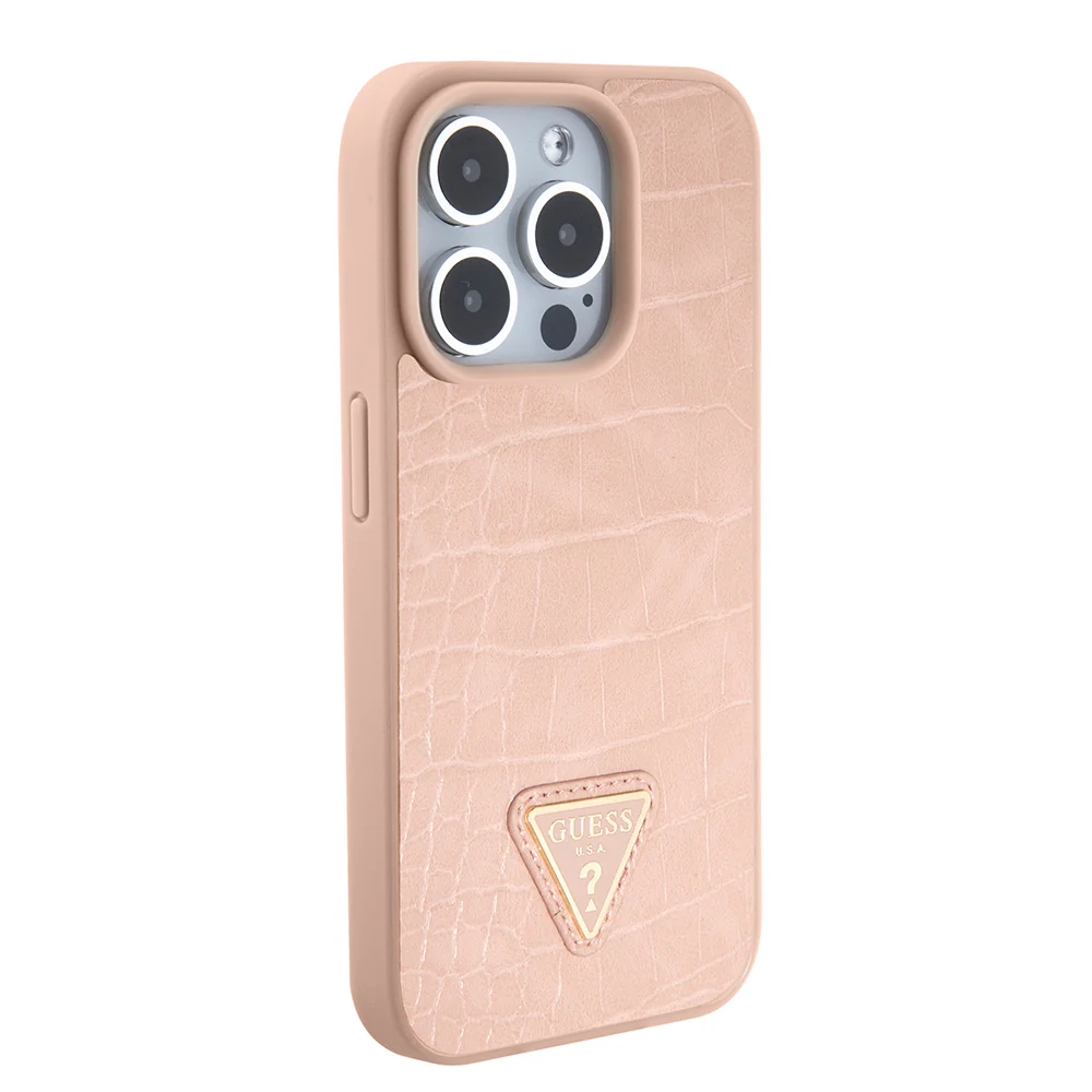 Case for Apple iPhone 15 Pro Max, Guess, Croco Triangle Metal Logo, Pink - Image 3