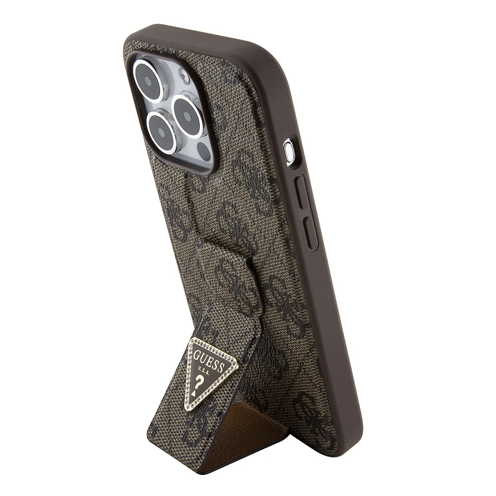 Case for Apple iPhone 15 Pro Max, Guess, Grip Stand 4G Triangle Strass, Brown - Image 3