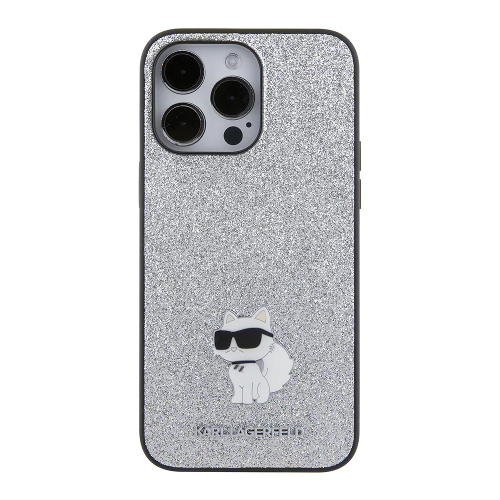 Case for Apple iPhone 15 Pro Max, Karl Lagerfeld, Glitter Fixed Choupette Logo, Silver - Image 2