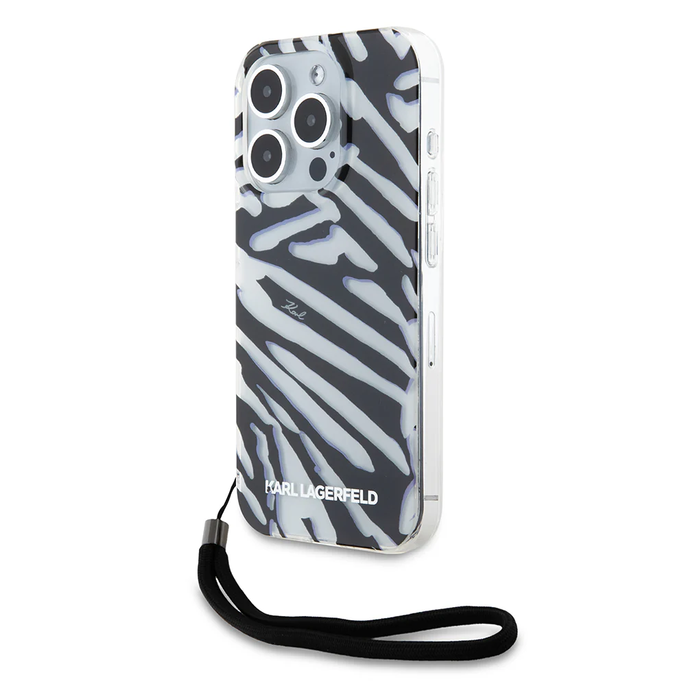 Case for Apple iPhone 15 Pro Max, Karl Lagerfeld, IML Luxury Zebra Pattern with Strap, Black - Image 2