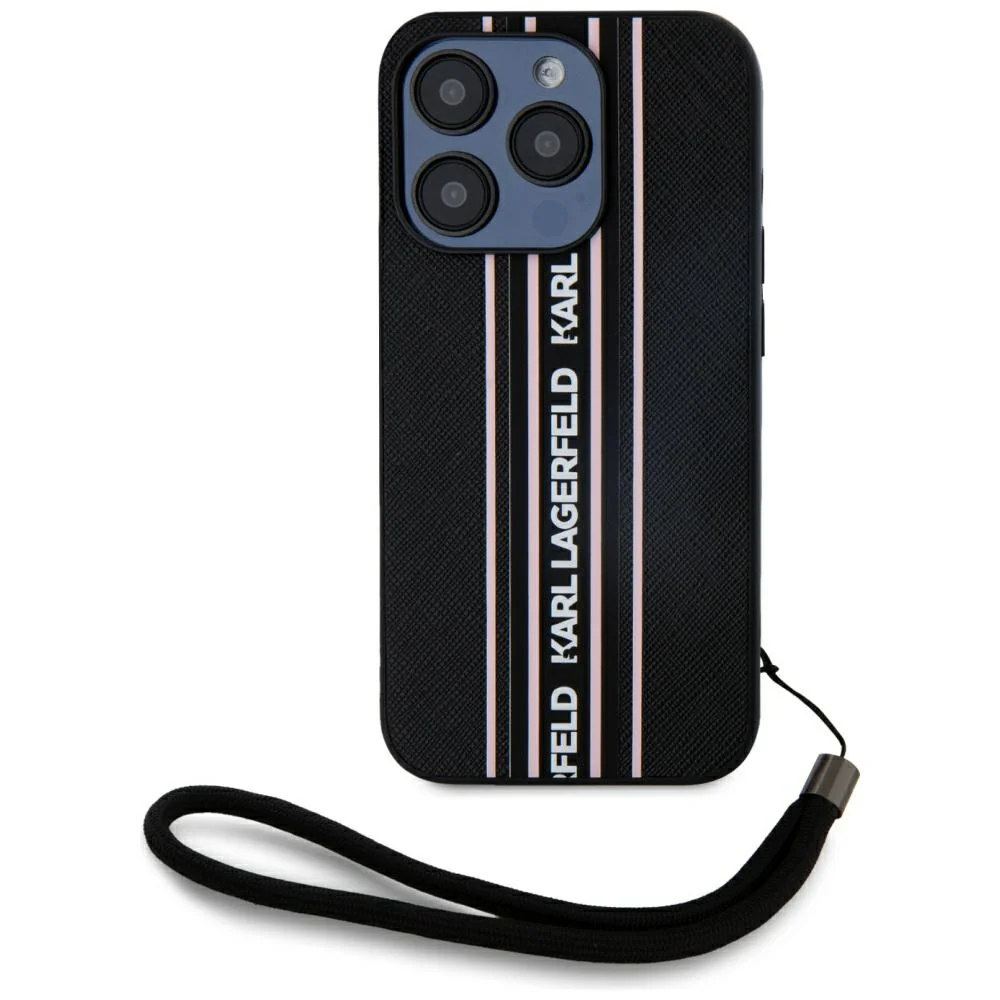 Case for Apple iPhone 15 Pro Max, Karl Lagerfeld, Saffiano Athleisure Stripes with Strap, Pink - Image 3