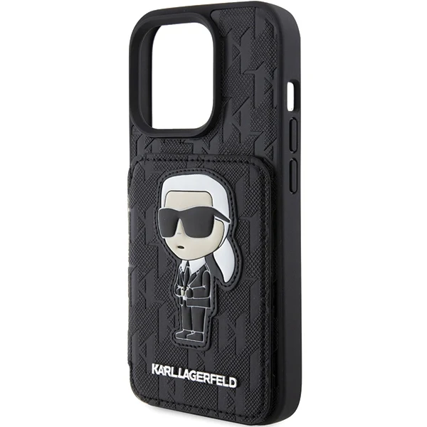 Case for Apple iPhone 15 Pro Max, Karl Lagerfeld, Saffiano Cardslots and Stand Monogram Ikonik Karl, Black - Image 2