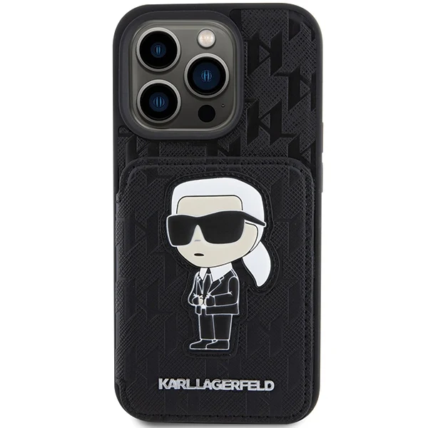 Case for Apple iPhone 15 Pro Max, Karl Lagerfeld, Saffiano Cardslots and Stand Monogram Ikonik Karl, Black - Image 3
