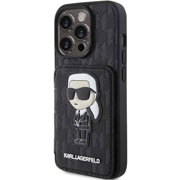 Case for Apple iPhone 15 Pro Max, Karl Lagerfeld, Saffiano Cardslots and Stand Monogram Ikonik Karl, Black - Image 4