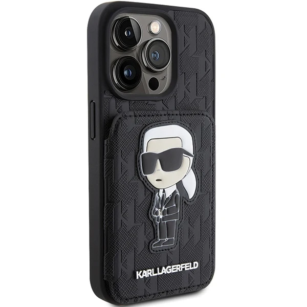 Case for Apple iPhone 15 Pro Max, Karl Lagerfeld, Saffiano Cardslots and Stand Monogram Ikonik Karl, Black - Image 7