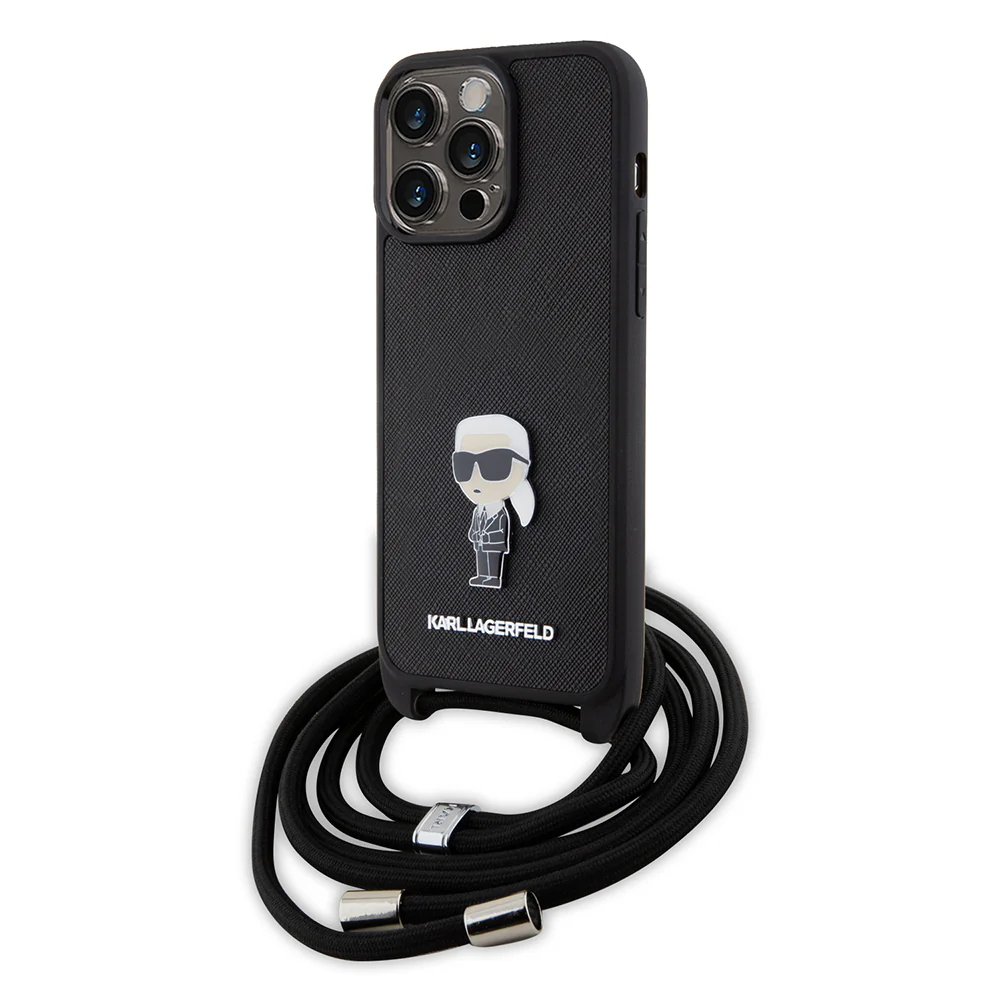 Case for Apple iPhone 15 Pro Max, Karl Lagerfeld, Saffiano Crossbody Monogram Metal Pin Karl, Black