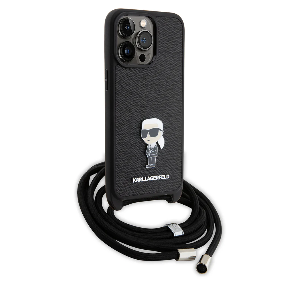 Case for Apple iPhone 15 Pro Max, Karl Lagerfeld, Saffiano Crossbody Monogram Metal Pin Karl, Black - Image 3