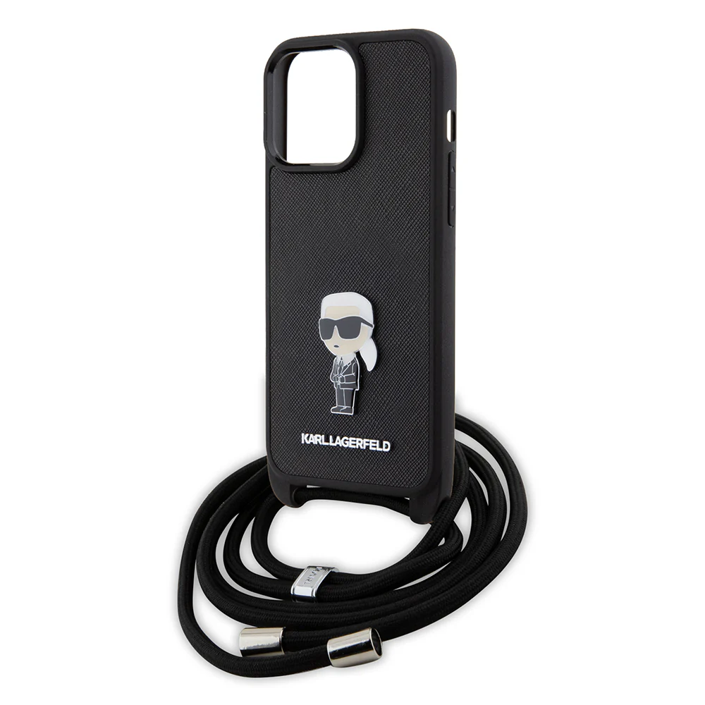 Case for Apple iPhone 15 Pro Max, Karl Lagerfeld, Saffiano Crossbody Monogram Metal Pin Karl, Black - Image 6