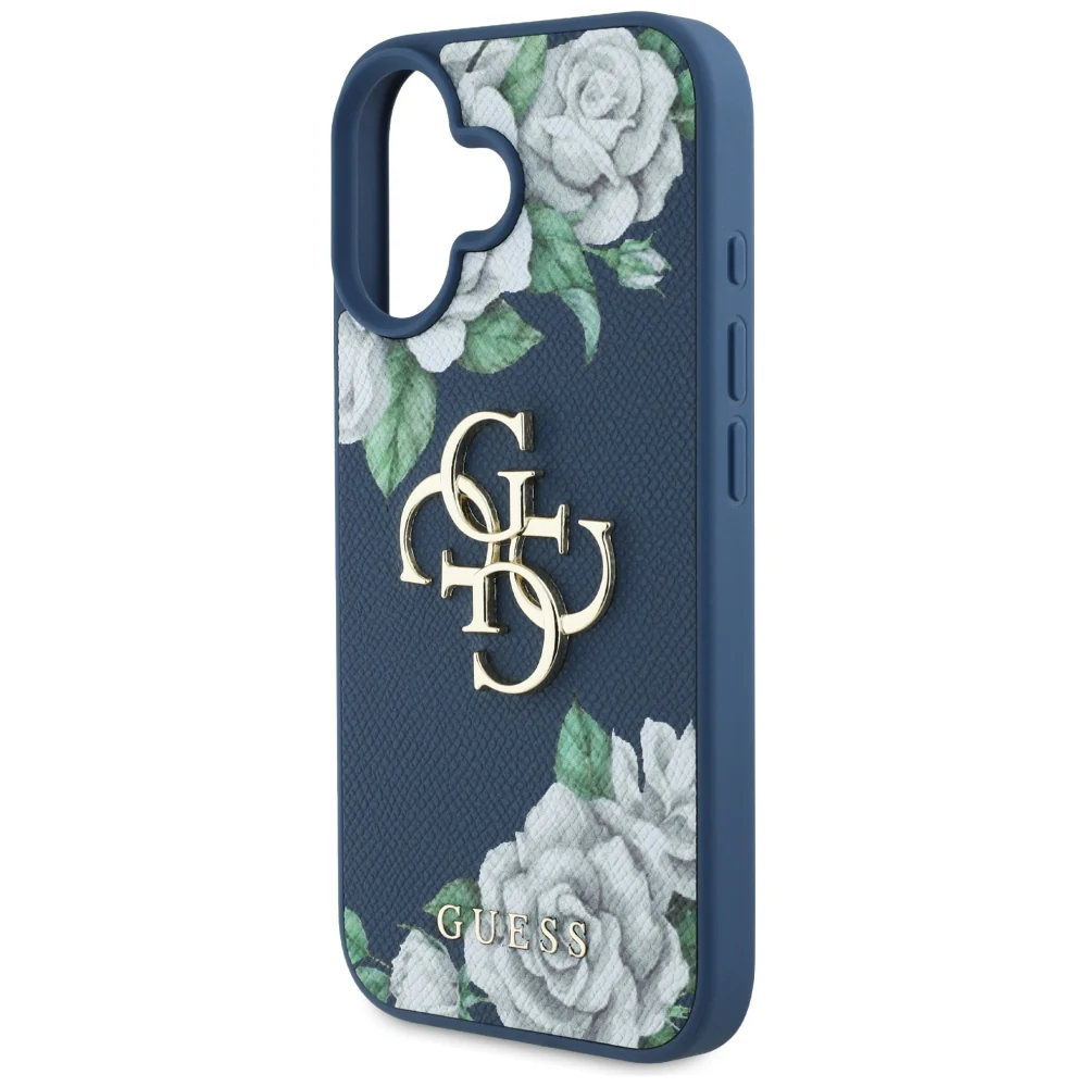 Case for Apple iPhone 16, Guess, 4G Grained Roses Big Logo, Blue - Image 6