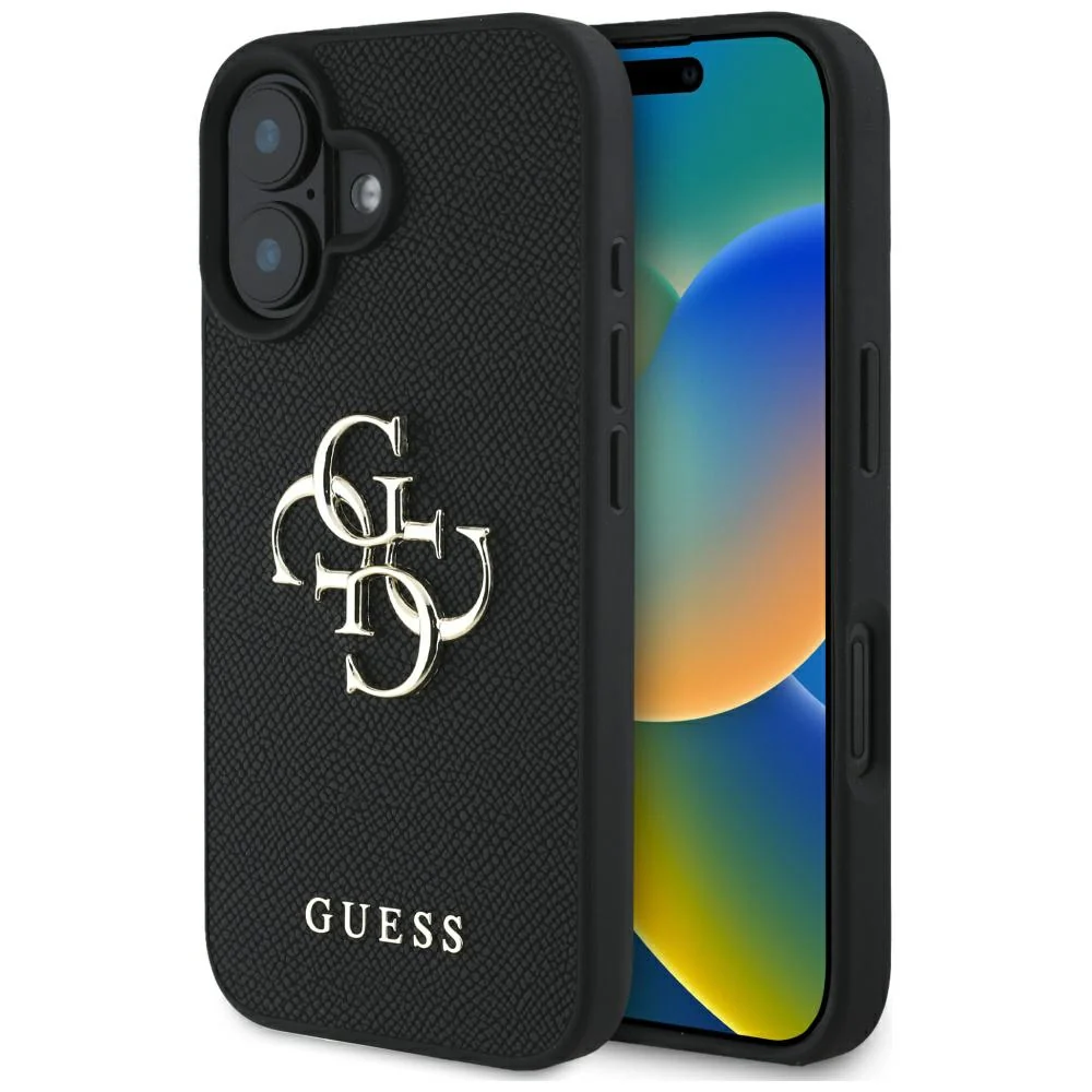 Case for Apple iPhone 16, Guess, Grained Big 4G Logo Small Classic Logo, Black