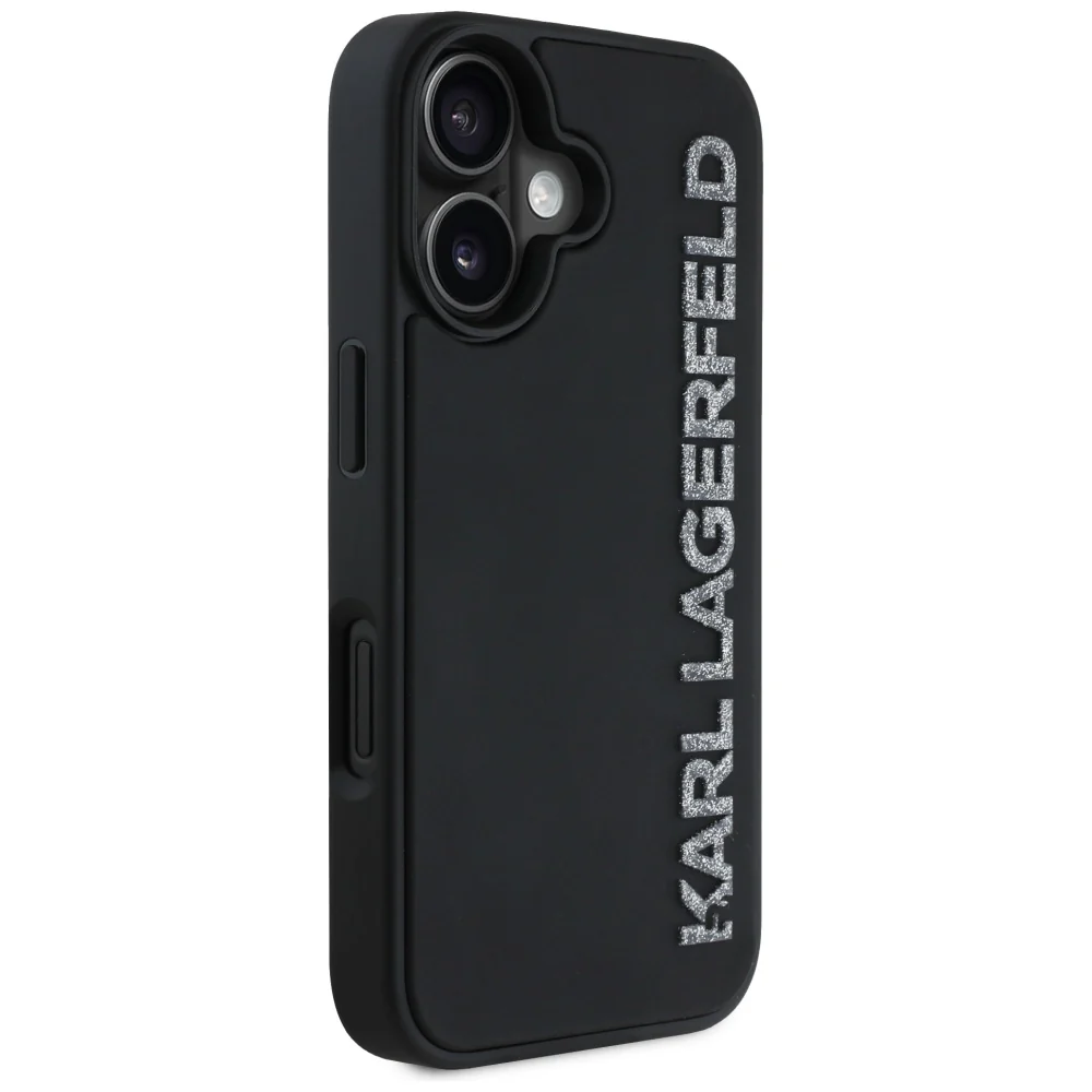 Case for Apple iPhone 16, Karl Lagerfeld, 3D Rubber Elongated Glitter Logo, Black - Image 6