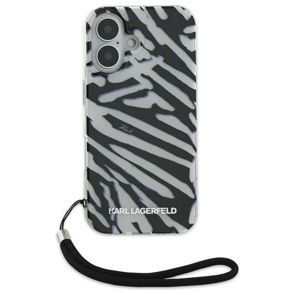 Case for Apple iPhone 16, Karl Lagerfeld, IML Luxury Zebra Pattern with Strap, Black - Image 3