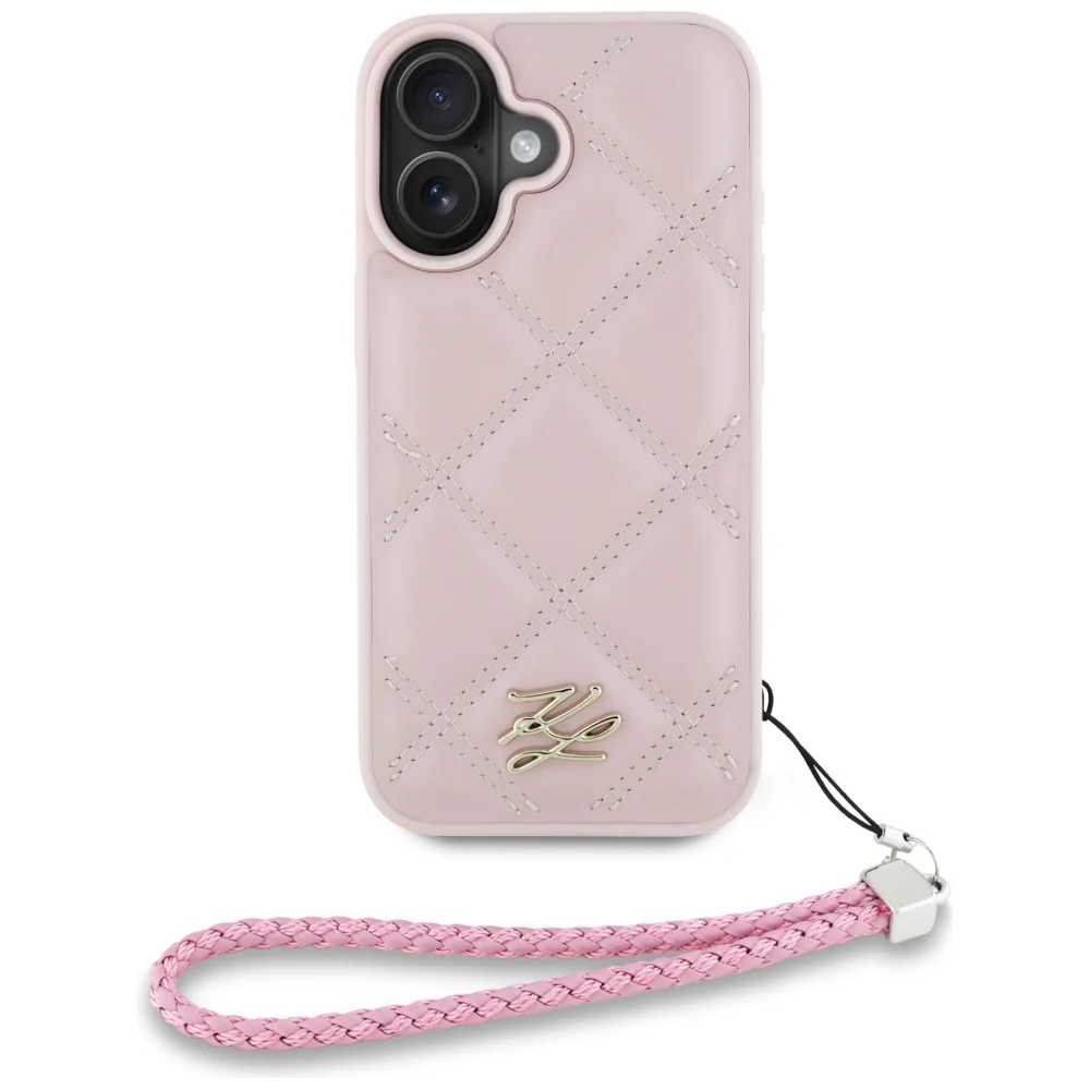Case for Apple iPhone 16, Karl Lagerfeld, Quilted Initial Logo & Chain Strap, Pink - Image 2