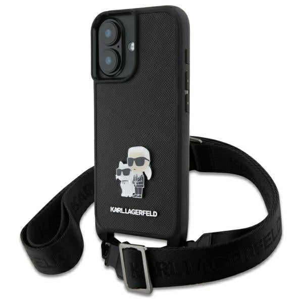 Case for Apple iPhone 16, Karl Lagerfeld, Saffiano Crossbody Metal Pin Karl & Choupette, White