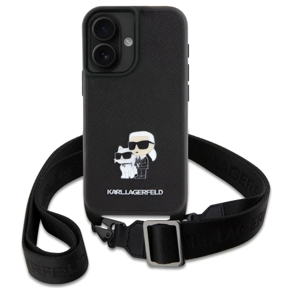 Case for Apple iPhone 16, Karl Lagerfeld, Saffiano Crossbody Metal Pin Karl & Choupette, White - Image 3