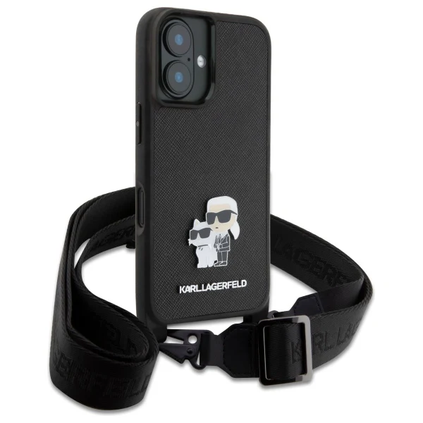 Case for Apple iPhone 16, Karl Lagerfeld, Saffiano Crossbody Metal Pin Karl & Choupette, White - Image 4