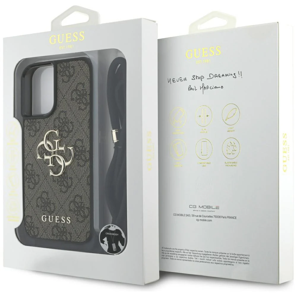 Case for Apple iPhone 16 Plus, Guess, 4G CBDY Big Logo with Cord Strap, Brown - Image 7