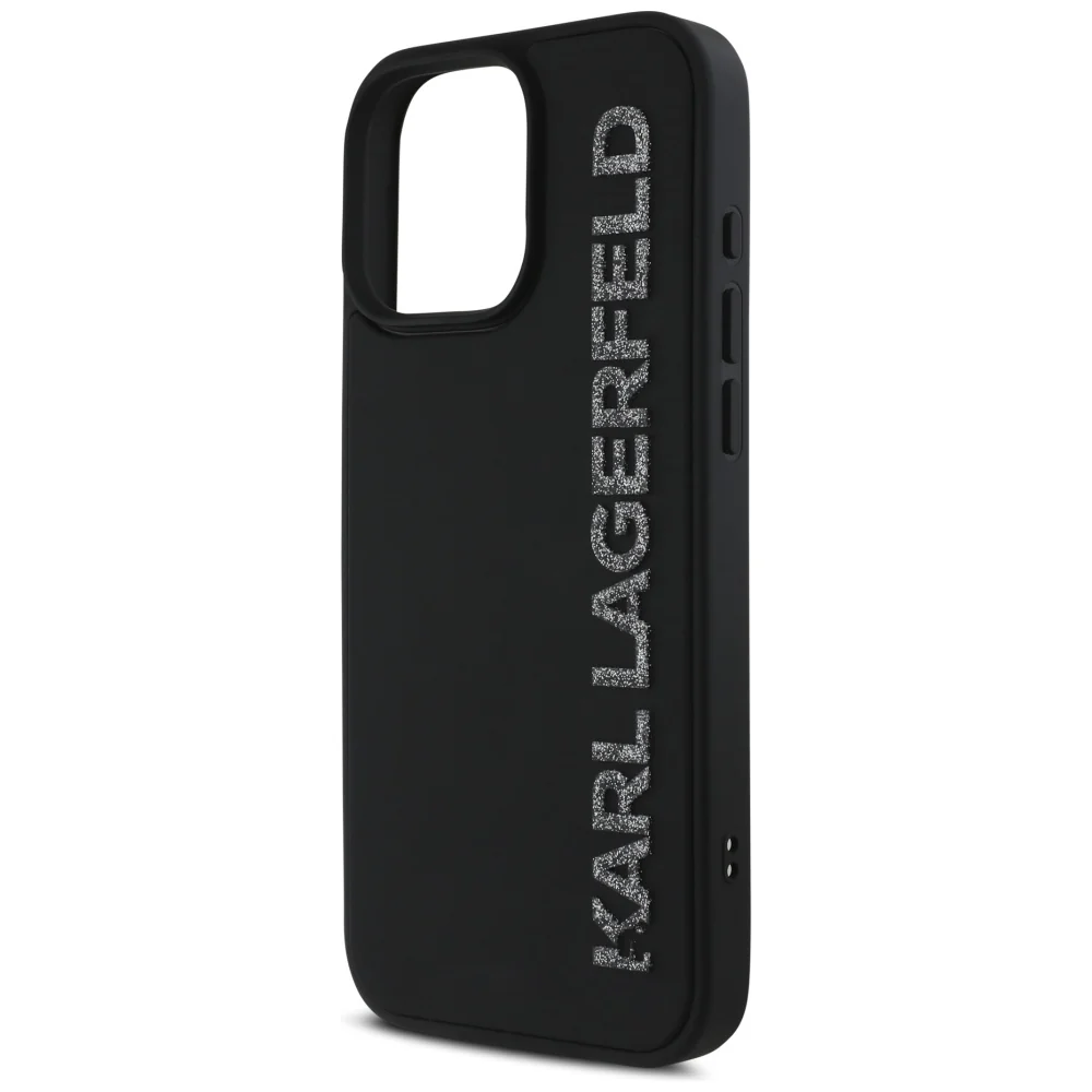 Case for Apple iPhone 16 Pro, Karl Lagerfeld, 3D Rubber Elongated Glitter Logo, Black - Image 3