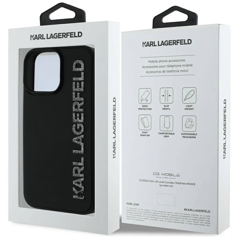 Case for Apple iPhone 16 Pro, Karl Lagerfeld, 3D Rubber Elongated Glitter Logo, Black - Image 7