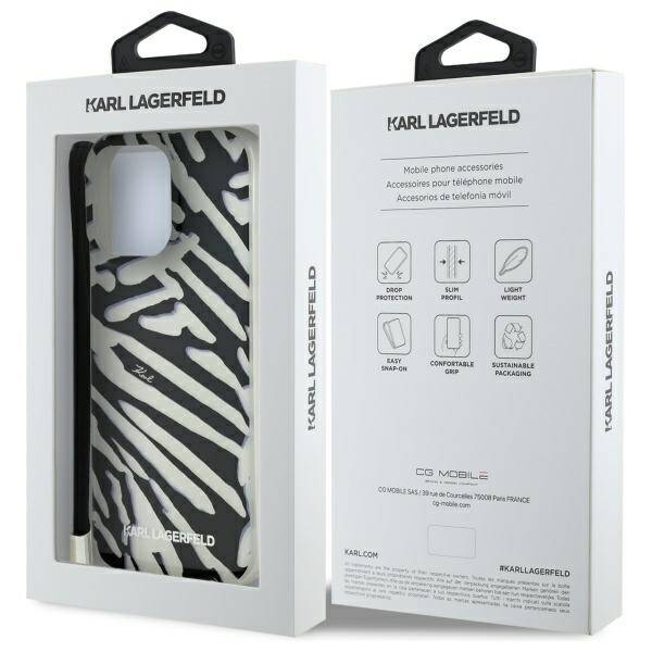 Case for Apple iPhone 16 Pro, Karl Lagerfeld, IML Luxury Zebra Pattern with Strap, Black - Image 6