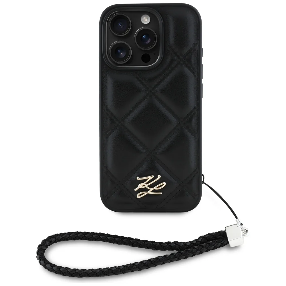 Case for Apple iPhone 16 Pro, Karl Lagerfeld, Quilted Initial Logo & Chain Strap, Black - Image 2