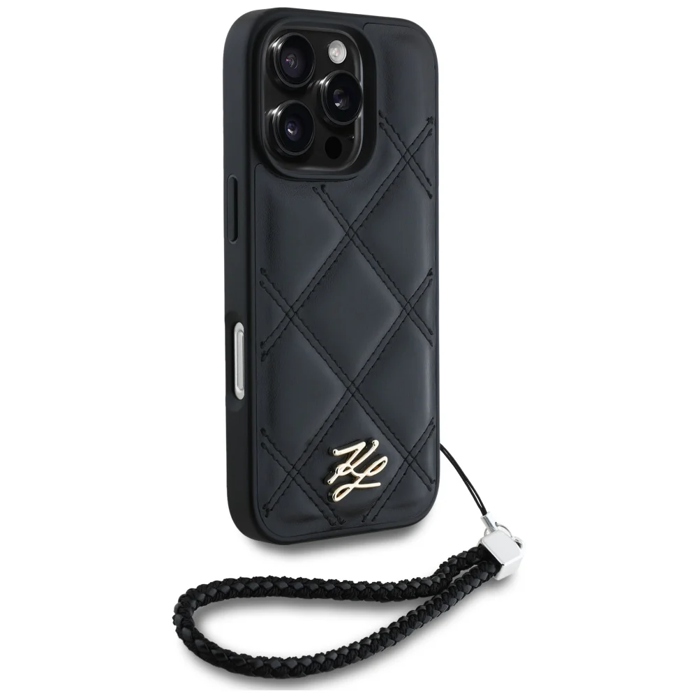 Case for Apple iPhone 16 Pro, Karl Lagerfeld, Quilted Initial Logo & Chain Strap, Black - Image 3