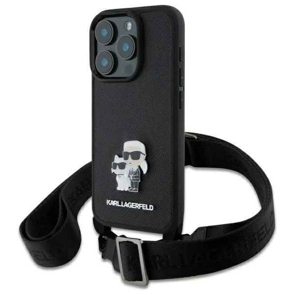 Case for Apple iPhone 16 Pro, Karl Lagerfeld, Saffiano Crossbody Metal Pin Karl & Choupette, Black