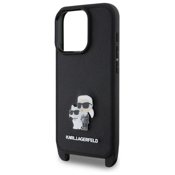 Case for Apple iPhone 16 Pro, Karl Lagerfeld, Saffiano Crossbody Metal Pin Karl & Choupette, Black - Image 2