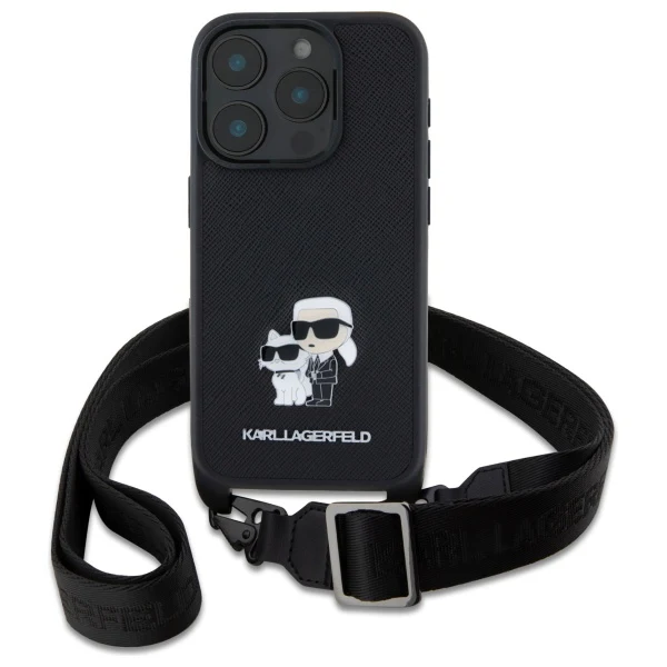 Case for Apple iPhone 16 Pro, Karl Lagerfeld, Saffiano Crossbody Metal Pin Karl & Choupette, Black - Image 3