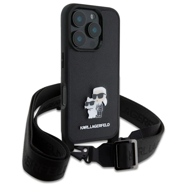 Case for Apple iPhone 16 Pro, Karl Lagerfeld, Saffiano Crossbody Metal Pin Karl & Choupette, Black - Image 5