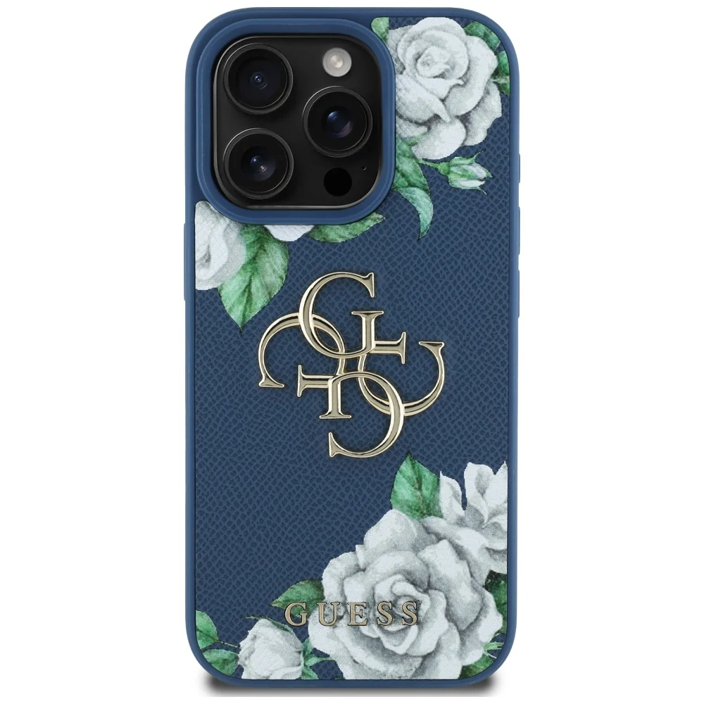 Case for Apple iPhone 16 Pro Max, Guess, 4G Grained Roses Big Logo, Blue - Image 3
