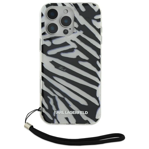 Case for Apple iPhone 16 Pro Max, Karl Lagerfeld, IML Luxury Zebra Pattern with Strap, Black - Image 3