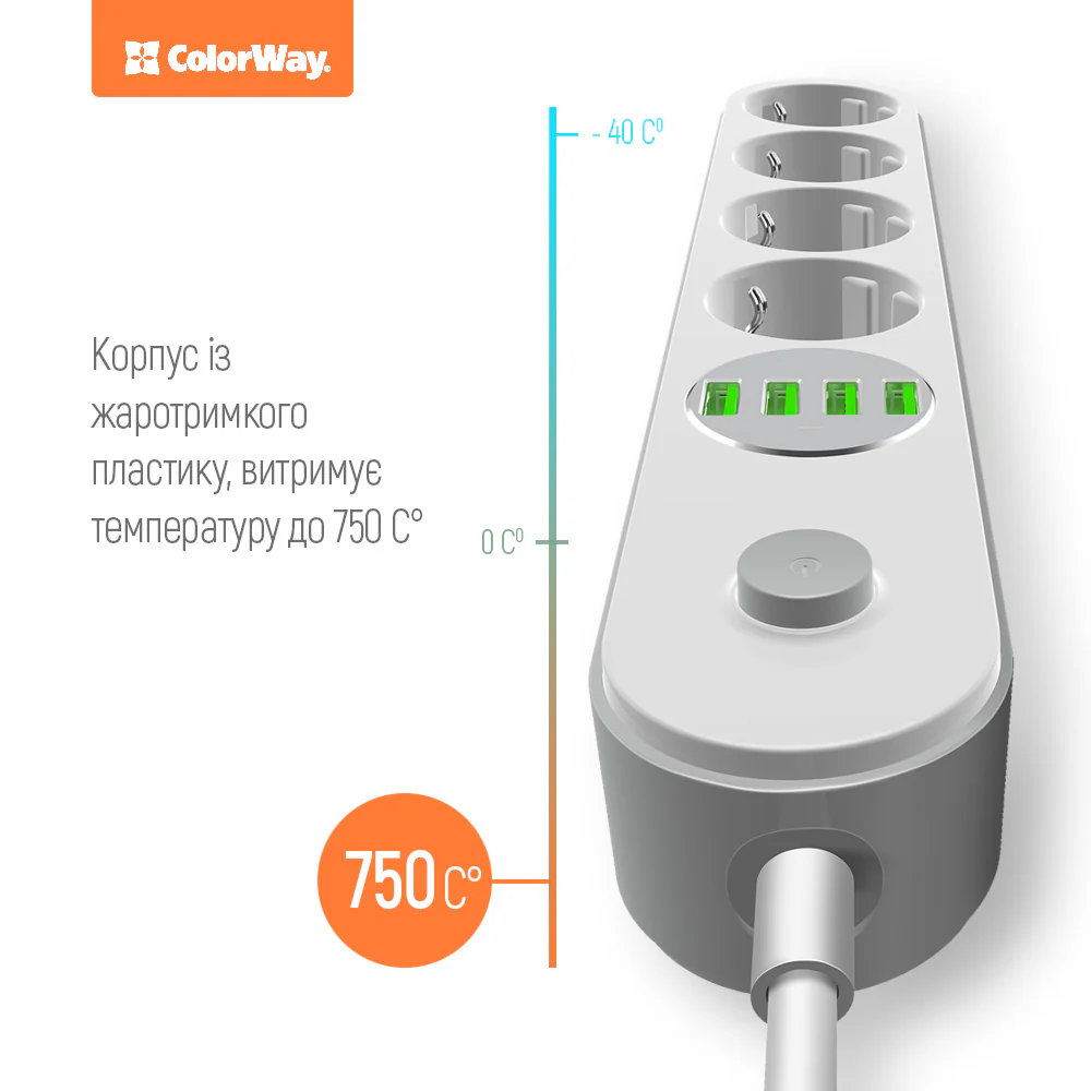 ColorWay Extension Cord, 4 x Schuko - 4 x USB-A, White - Image 2