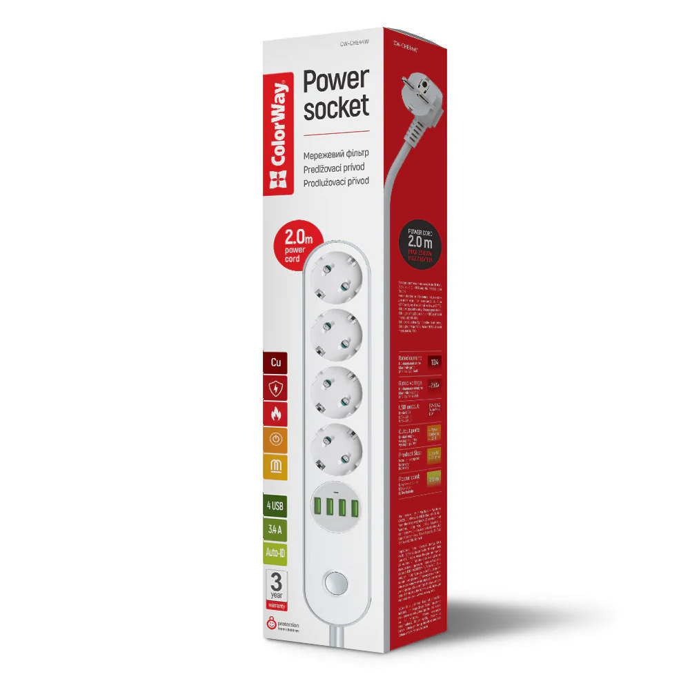 ColorWay Extension Cord, 4 x Schuko - 4 x USB-A, White - Image 5