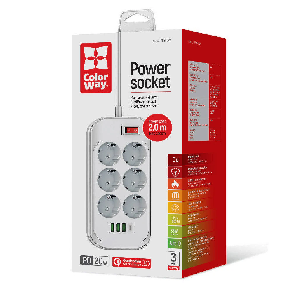 ColorWay Extension Cord, 6 x Schuko - 3 x USB-A - 1 x USB-C, White - Image 2