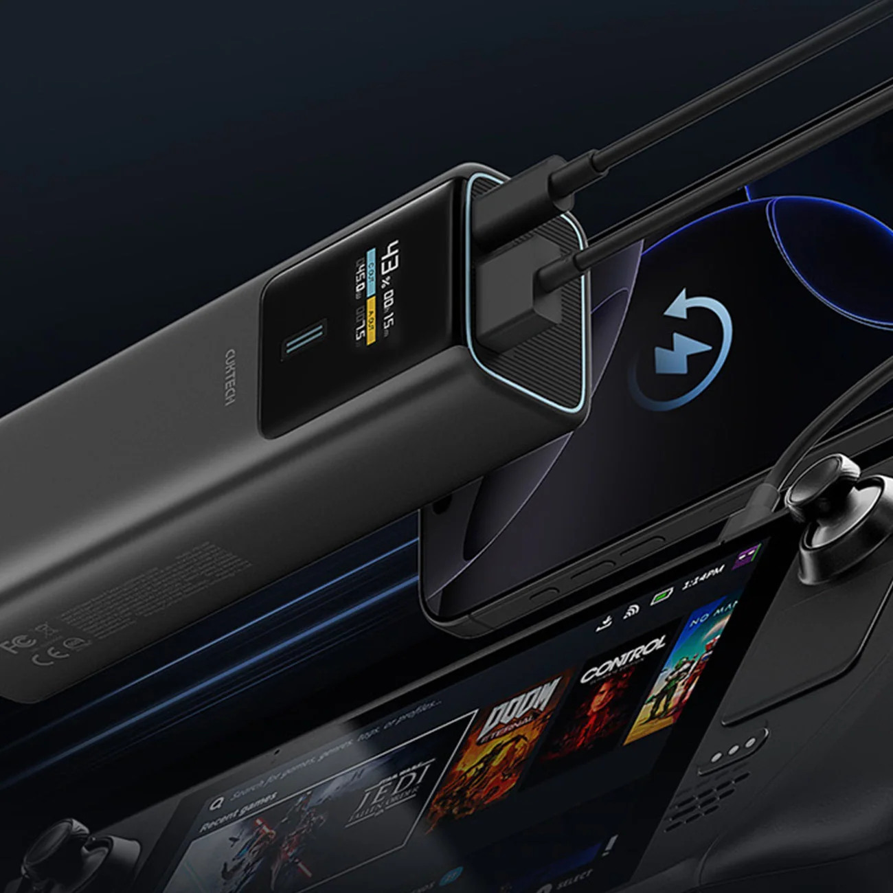 Cuktech External Battery, 10000mAh, 150W, QC + PD, 1 x USB-A - 1 x USB-C, Black CKPB100PGLBL - Image 2