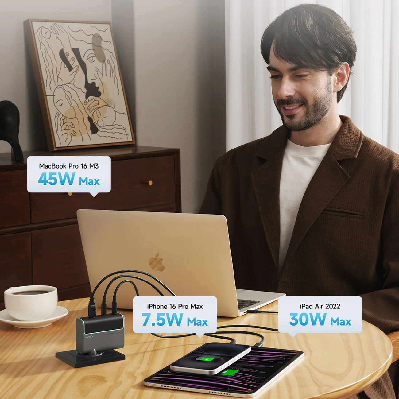 Cuktech Network Charger with USB-C Cable, 100W, 5A, 1 x USB-A - 2 x USB-C, Gray CUKAD1003EUG - Image 5