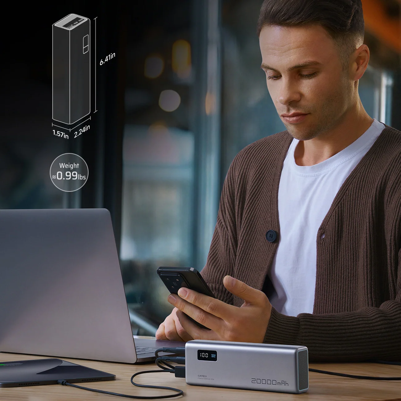 Cuktech P+ No.15 External Battery, 20000mAh, 150W, QC + PD, 1 x USB-A - 2 x USB-C, Grey CUKPB200GLBK - Image 4
