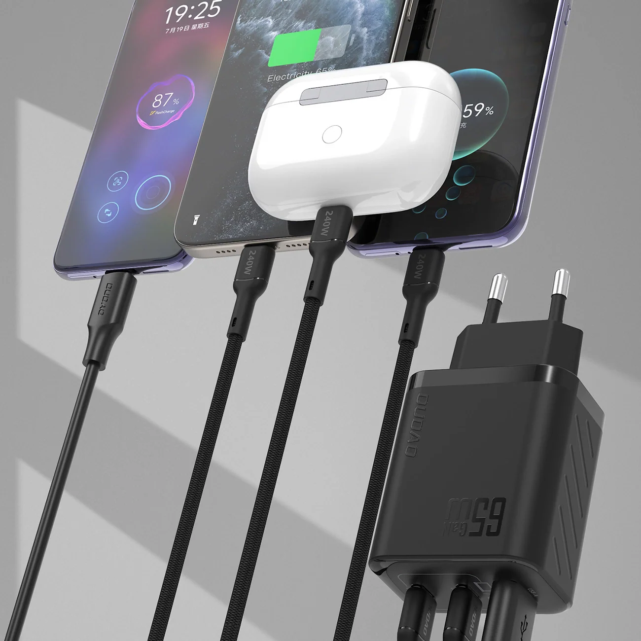 Dudao A29 Network Charger, 65W, 1 x USB-A - 2 x USB-C, Black - Image 3
