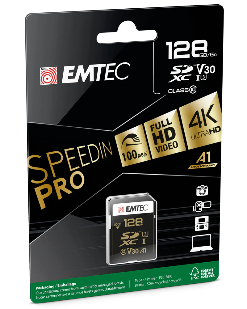 Emtec SpeedIn Pro SDXC Memory Card, 128Gb, Class 10 / UHS-1 U3 ECMSD128GXC10SP - Image 2
